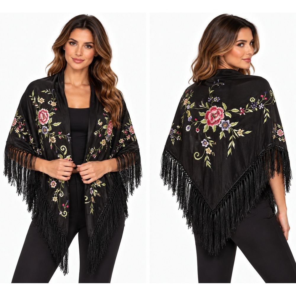 Talbots Black Silk Embroidered Floral Triangle Shawl Wrap with Long Fringe 65x30